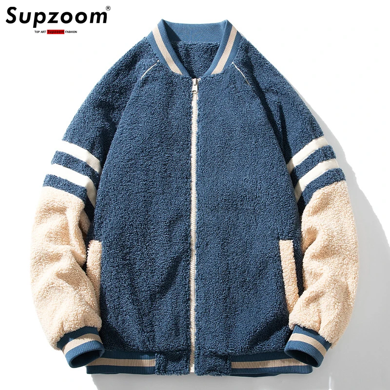 

Supzoom 2023 New Arrival Imitation Rabbit Hair Top Fashion Loose Hip Hop Casual Winter Spliced Baseball Jackets Men Coats