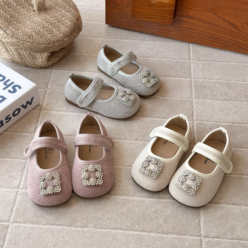 

Children's Pink Rhinestone Decor Mary Jane Shoes - Velcro Strap Princess Flats for Toddlers Kids Shoes for Girl Zapatos De Niña