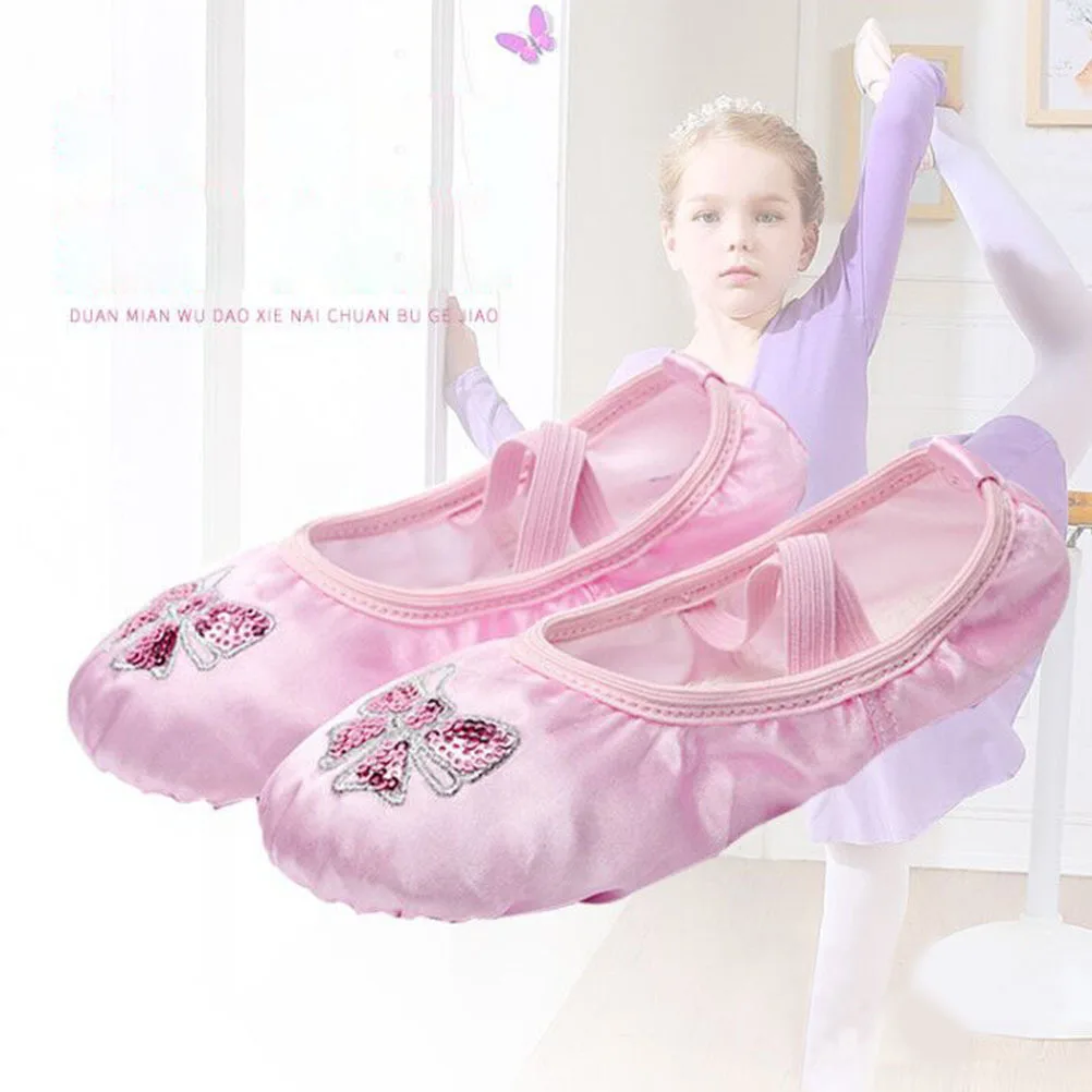 1 Pair Satin Ballet Flats Embroidery Non-Slip Split Sole Kids Dance Shoes For Yoga Jazz Gymnastics Size 28 Pink