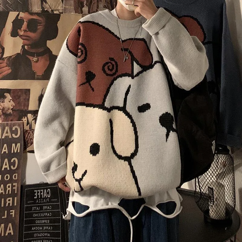 Sweater Men Loose Autumn and Winter Japanese Retro Cartoon Male Bottoming Shirt Fashion Casual Harajuku Knitted Pullover Sweater