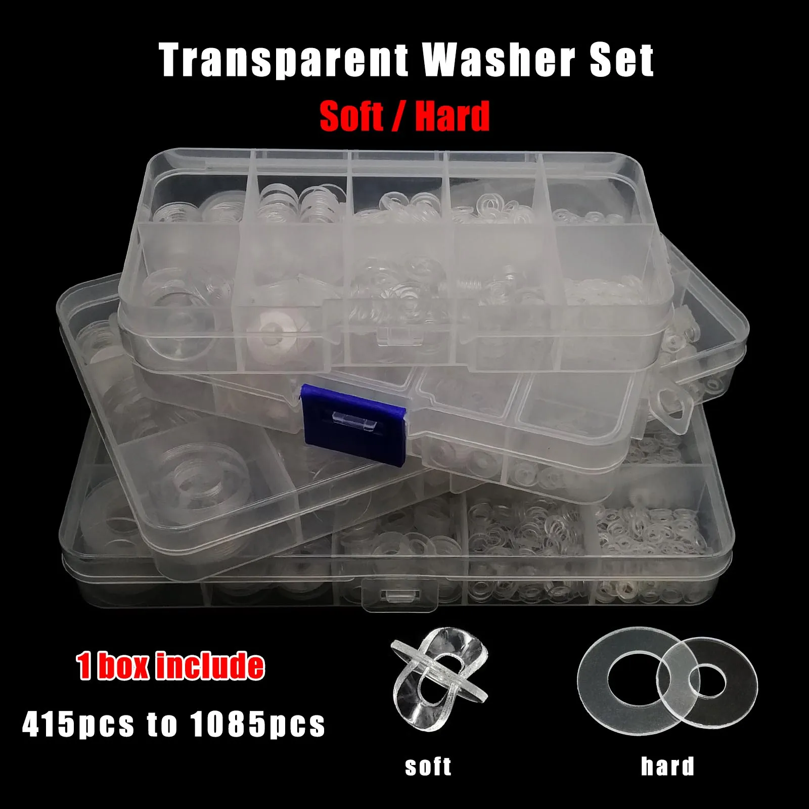 415/1085pc M2 M2,5 M3 M4 M5 M6 M8 M10 M12 Kunststoff PVC Transparent Klar flache Unterlegscheibe Isolierte Dichtung Ring Sortiment Kit Set Box