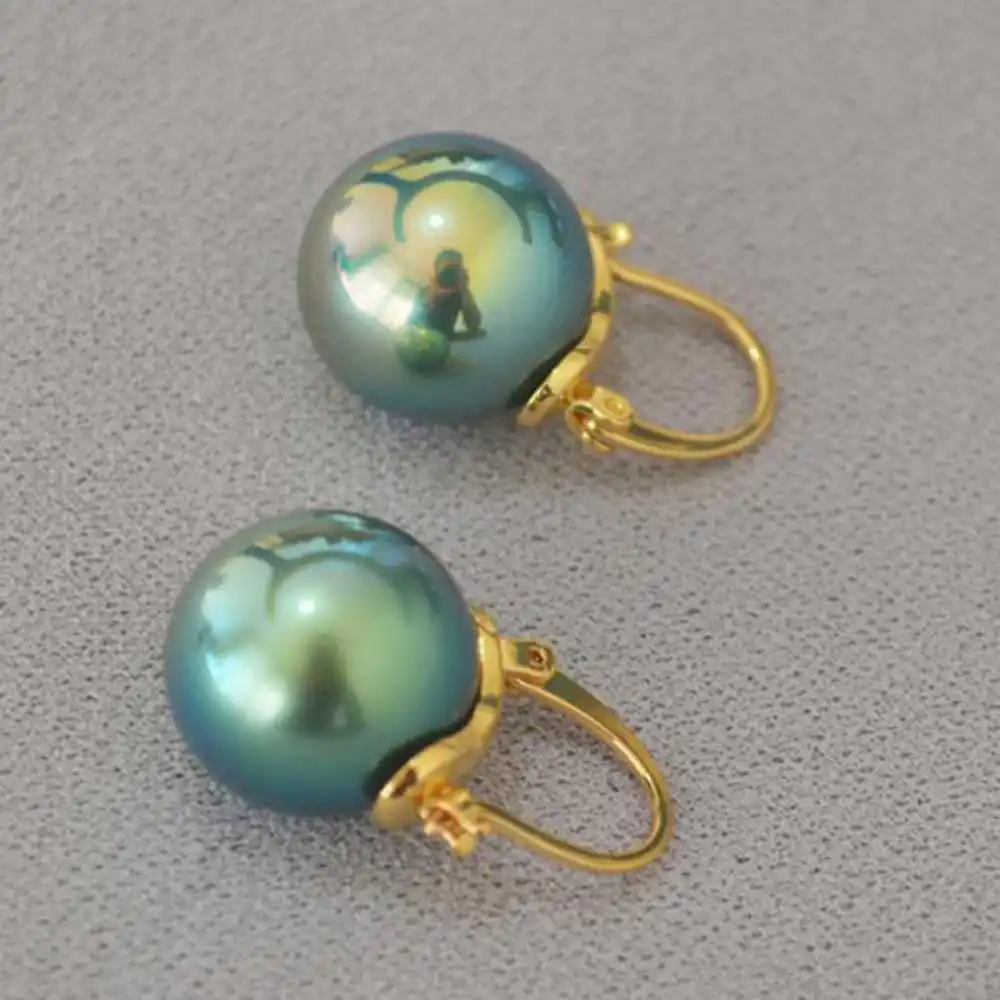 Highlights 16MM Peacock Green Shell Pearl Earrings 18K  Jewelry Party Ear stud Aquaculture Christmas Lucky