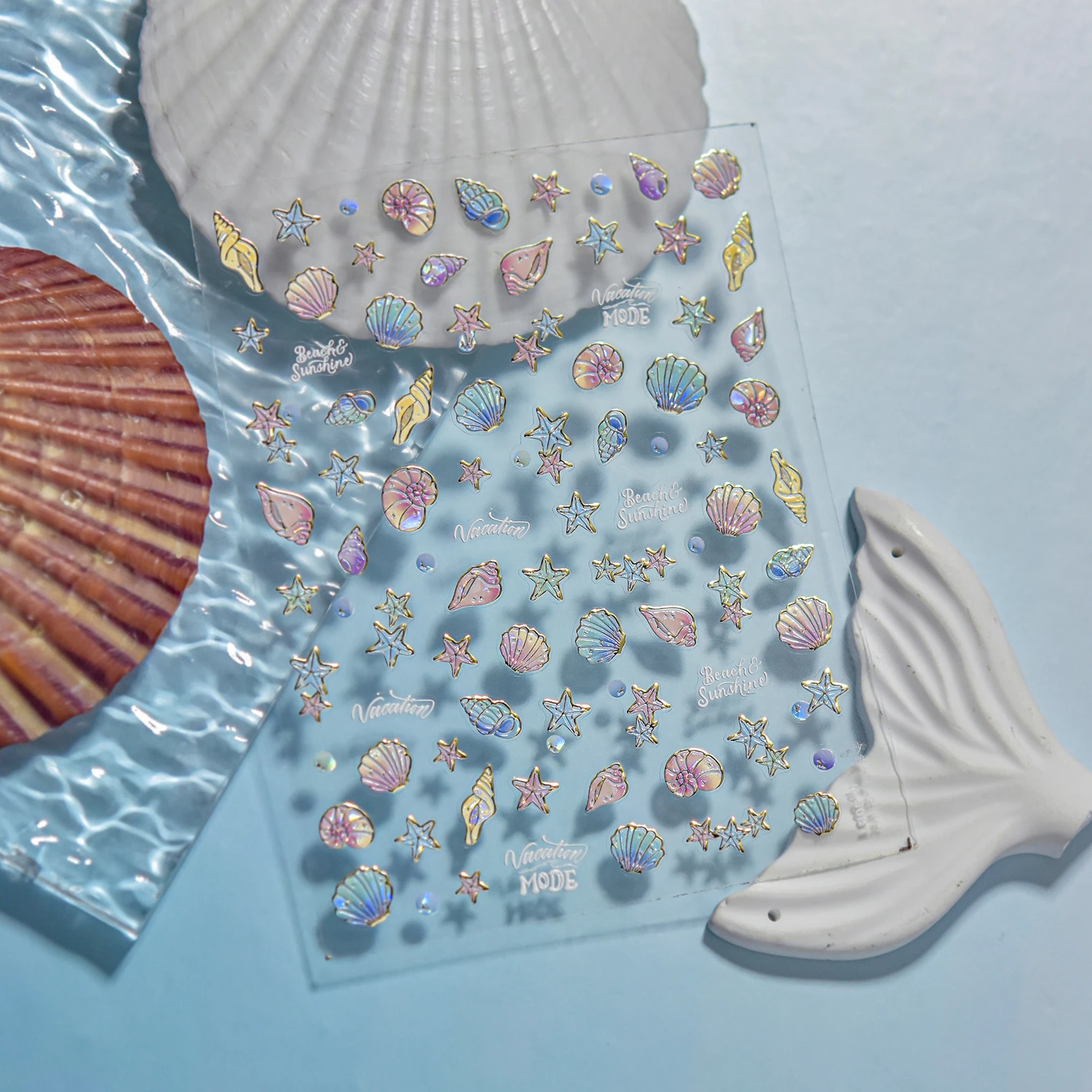 1PCS 5Dレリーフレーザーマリンネイルステッカー5点スターシェルジェリフィッシュステッカーネイルサプライ爪用ダイヤモンドステッカー