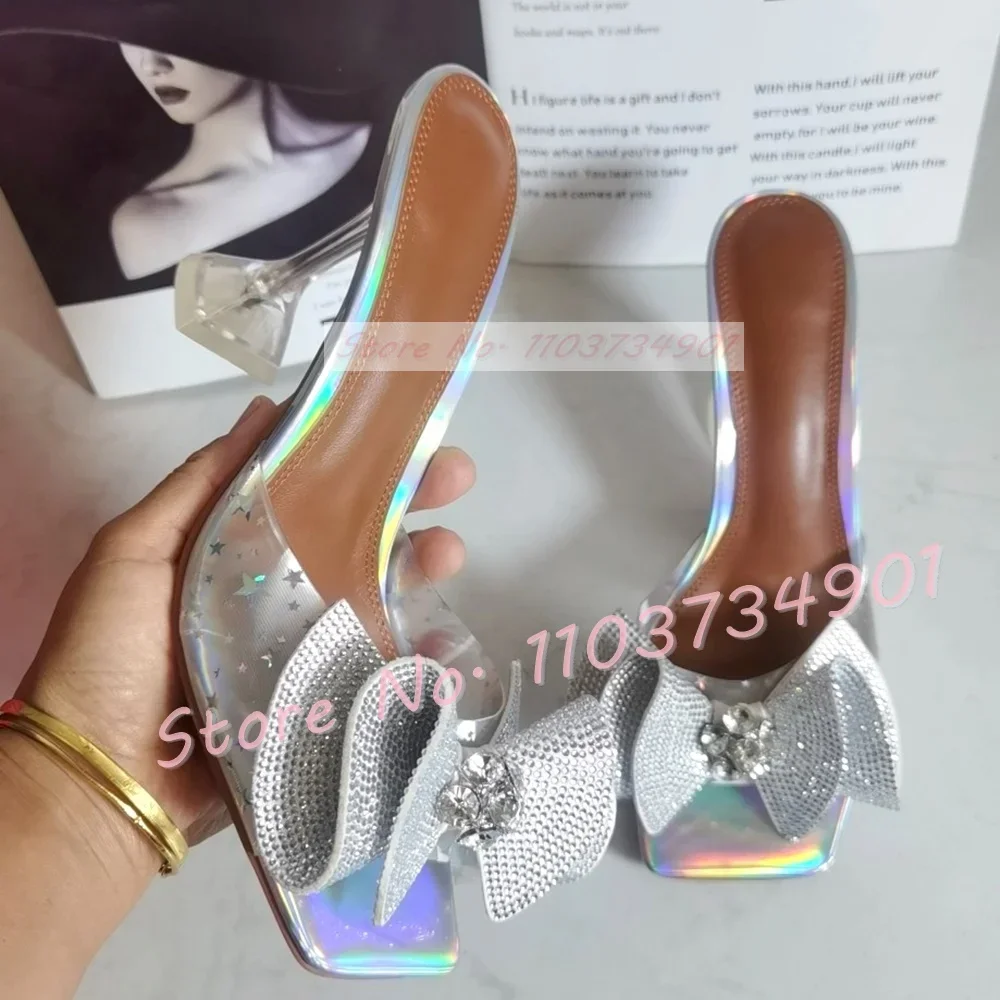 

Clear PVC Square Toe Mules With Crystal Bowknot Women Fashion Colorful Stars Pattern Wine-glass Heel Shiny Cow Leather Slippers