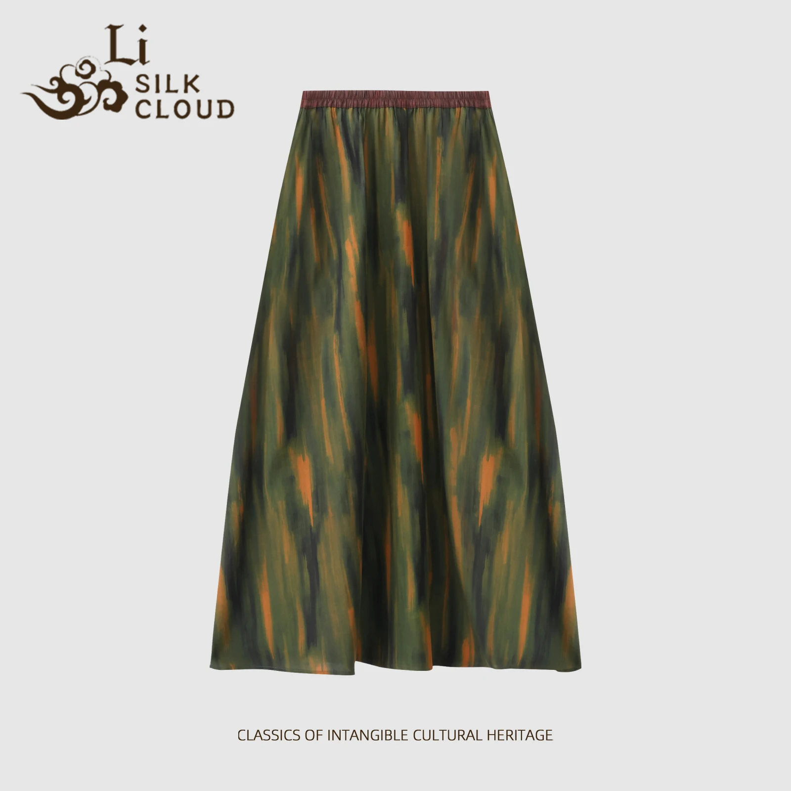 LI SILK CLOUD Gambiered Guangdong Silk Contrast Skirt Women's A-line High Waist Midi Skirt Vintage Chinese Style Breathable 2025