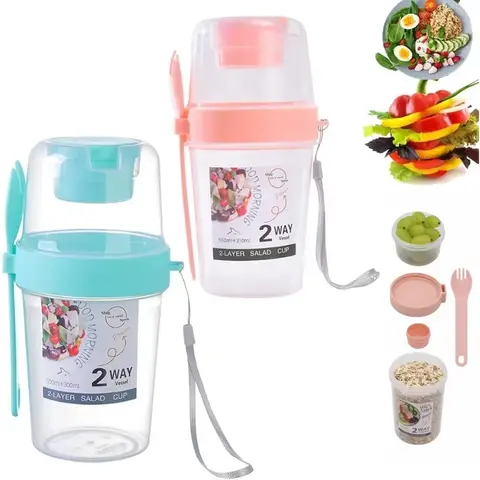 Carry Ontbijtbeker Saladebekers Draagbare Yoghurt Granen Havermout Snacks Parfait Containers Saladedressing Houders met Deksel Vorken