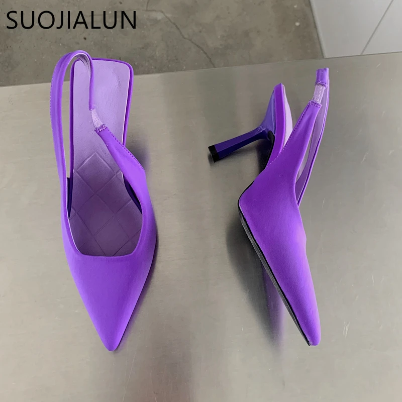 SUOJIALUN 2022 Summer New Brand Pointed Toe Slingback Shoes Thin High Heel Shallow Slip On Ladies Elegant Sandals Plus Size 41