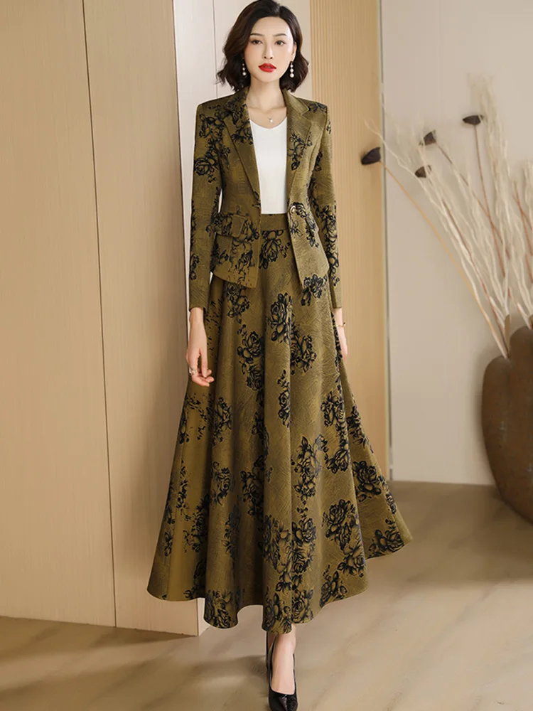 New Women Exquisite Floral Skirt Suits Spring Autumn Fashion Elegant Single Button Slim Blazer and Long Skirt Two Pieces Set