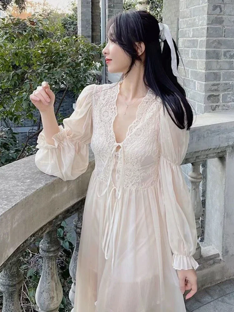 Robe Kleid setzt Frauen elegante Vintage Chiffon Nachtwäsche ästhetische Fairycore sanfte atmungsaktive Temperament Französisch Stil Homewear