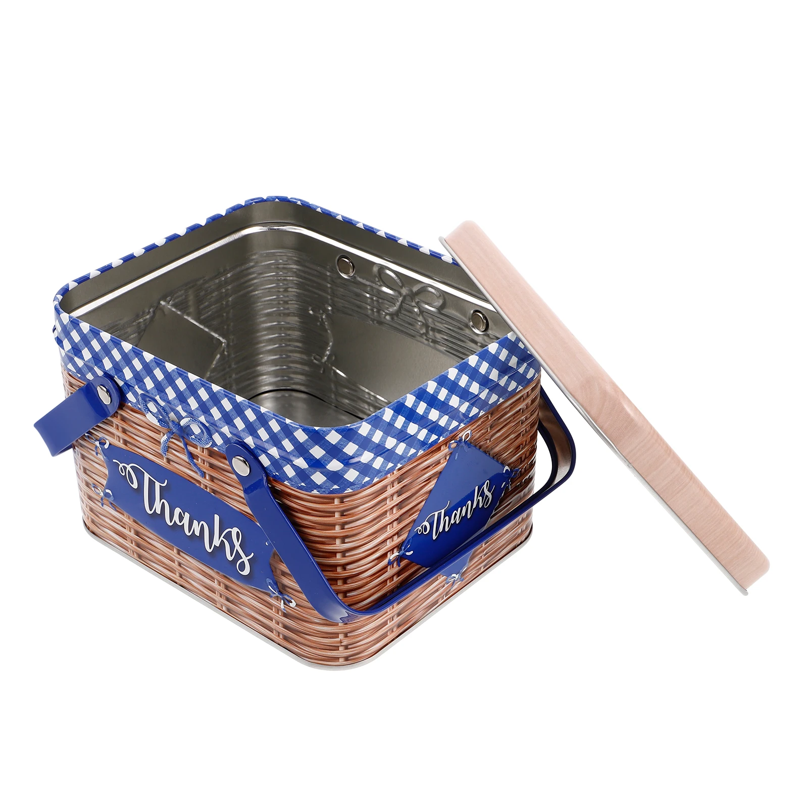 

1pc Cookie Tin Biscuit Box Metal Iron Storage Rectangle Handle Portable Lightweight Snack Packaging Imitation Rattan Design