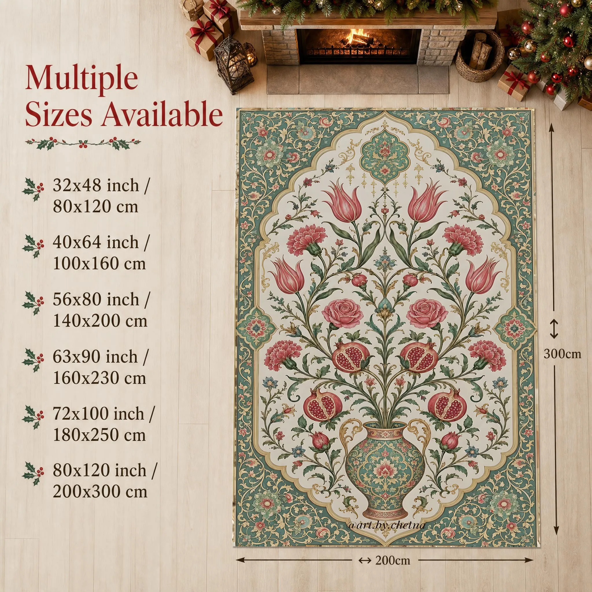 Vintage Vase Pomegranate Intertwined Floral Persian Ethnic Christmas New Year Velvet Rug for Living Room, Bedroom and Bedside