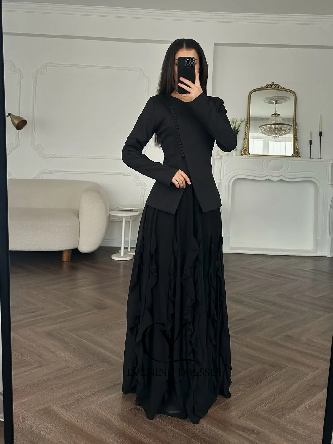 CUYUN Zwarte Vrouwen Bescheiden Avondjurk Blazer Stijl Knoppen Lange Mouwen Formele Evenement Jurken Aangepaste Ruches Chiffon Jurk