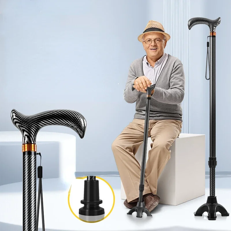 Walking Crutches for Adults, Medical Non-slip Four-corner Stable Cane, Carbon Fiber Ultra-lightweight Elderly Walker Walking Aid