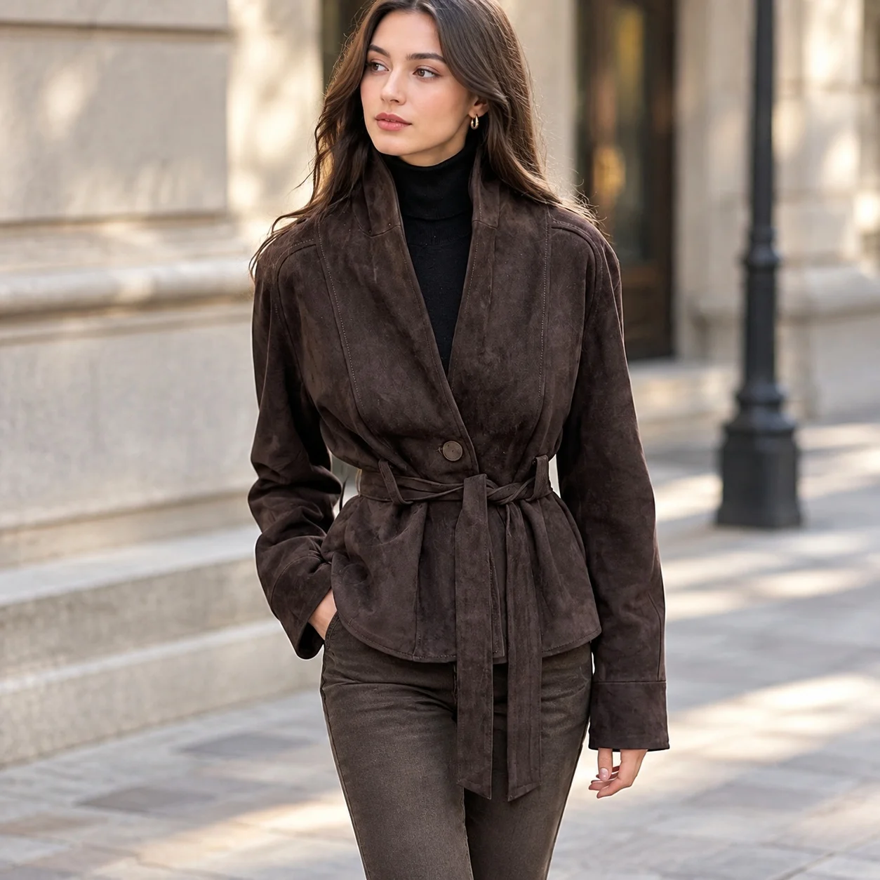 Long Sleeve V Neck Belt Mid Length Office Style with Belted Regular Thickness Elegant Business Regular Sleeve Elegant Women Coat
