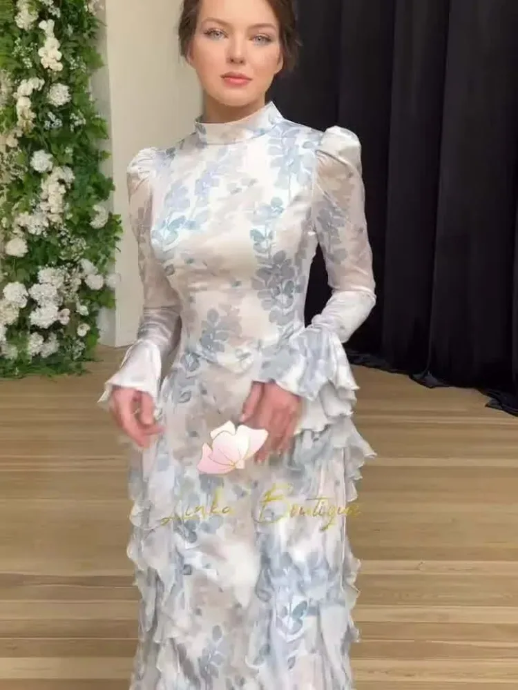 

Light Blue Floral Maxi Dress with Ruffle Trim, Flared Sleeves & Ruched Waist for Evening Banquet