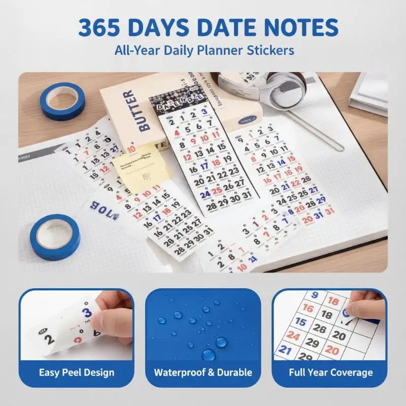 Waterproof PET 365 Days Date Stickers, Planner Journal Hand Account Labels, DIY Scrapbook Time Marking Decoration Stickers