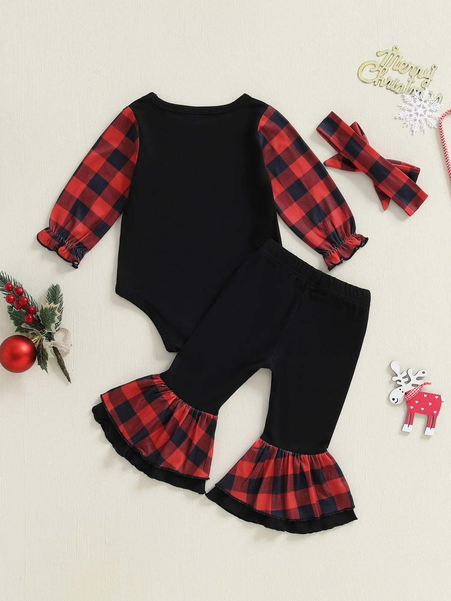 

Рождественские наряды для маленьких девочек, комплект из 3 предметов, комбинезон с буквенным принтом, брюки-клеш и повязка на голову для рождественской вечеринки