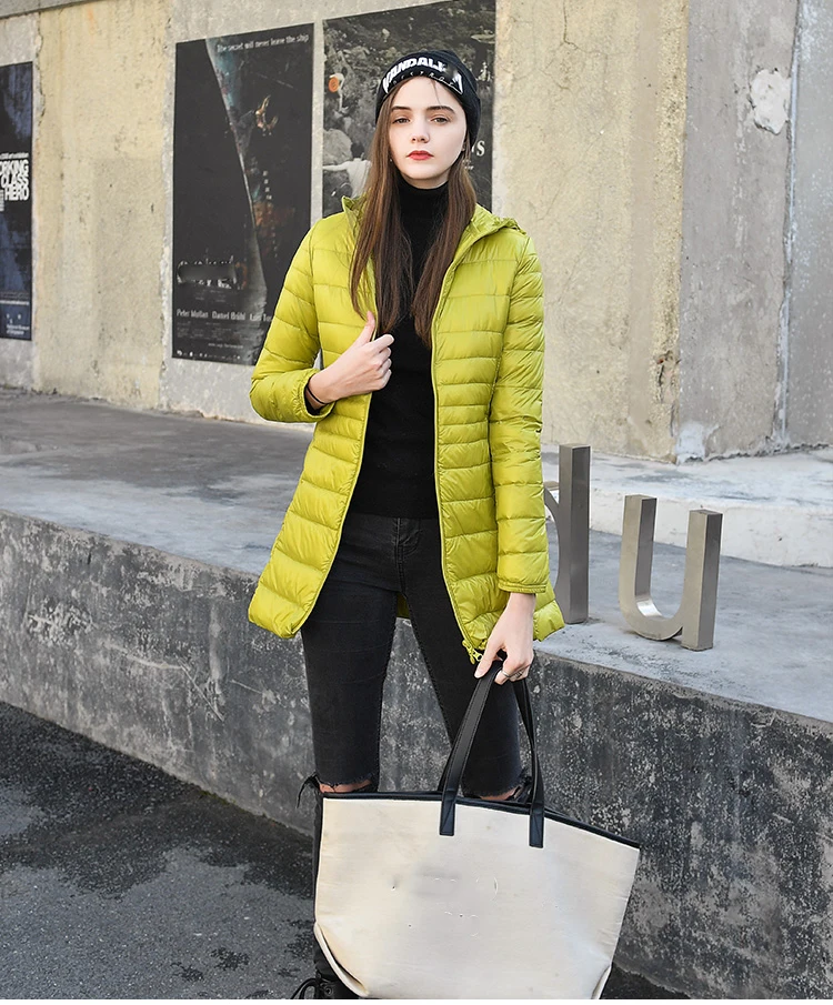 Plus Size Ultra-light Thin Down Jacket Women Long Autumn Winter Slim Hooded Warm White Duck Down Coat Women Packable Outerwear