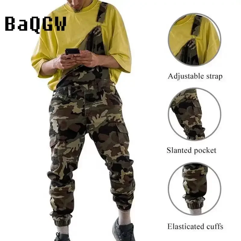 Fashion Camouflage Strap Long Pants Overalls Cross Button Men\'s Casual Pants Jeans One Piece Jumpsuit Denim Outfits Plus Size