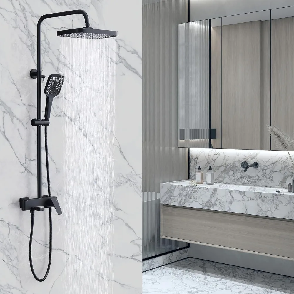 

12 Inch by 8 Inch Rain Shower Head with Matte Black Open Pipe System, 3-Function Tub Shower Faucet Set