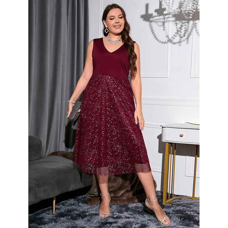 Sukienki Plus Size Damskie Patchworkowe Siateczkowe Bez Rękawów Z Odkrytymi Ramionami Trapezowe Eleganckie Wieczorowe Seksowne Sukienki na Imprezę Vestidos