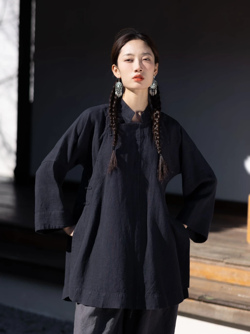 

Classic Retro Han Han Pure Color Commute irt Loose Fit Collarl Design Original Design Women's Faion Casual irt