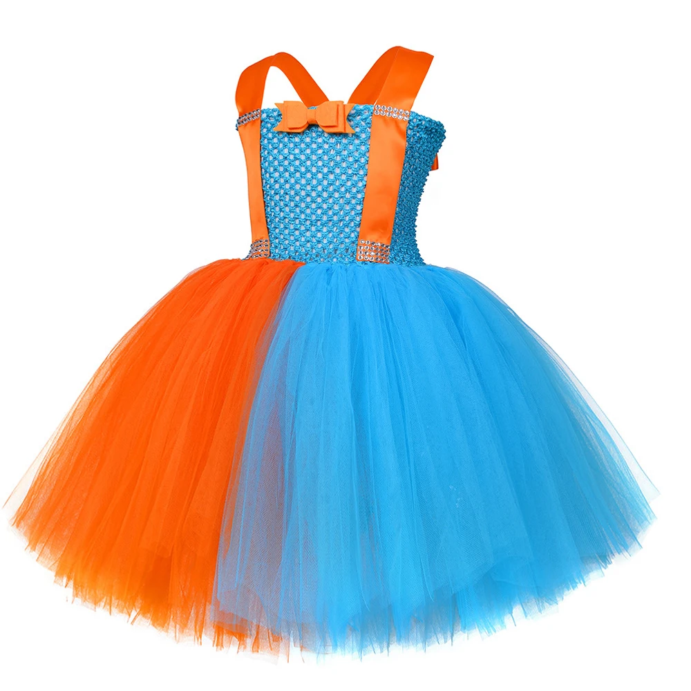 Costume de Dessin Animé Anglais Blippi pour Bébé Fille, Tenue Tutu Orange Bleu Ciel avec Chapeau, Lunettes, Bretelles, Ensemble de Vêtements