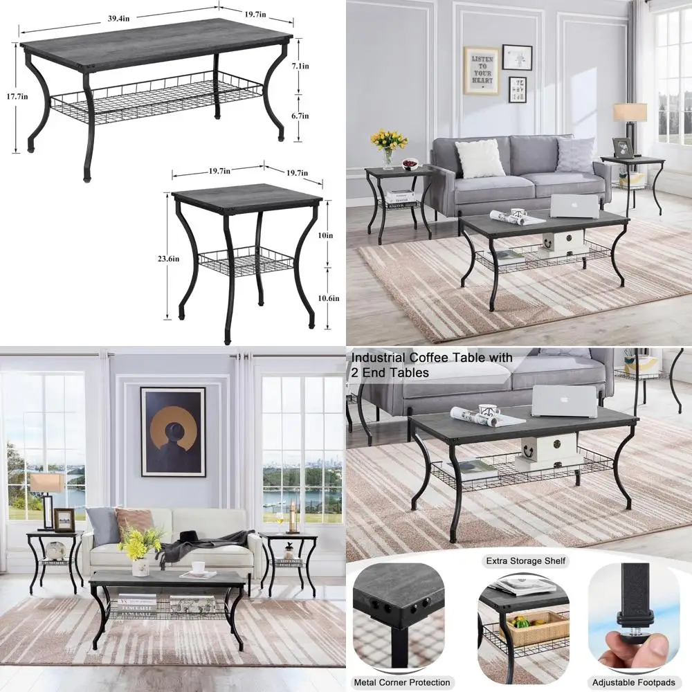 VECELO 3-Piece Living Room Furniture Set: Coffee and End Tables with Storage Shelves for Compact Spaces