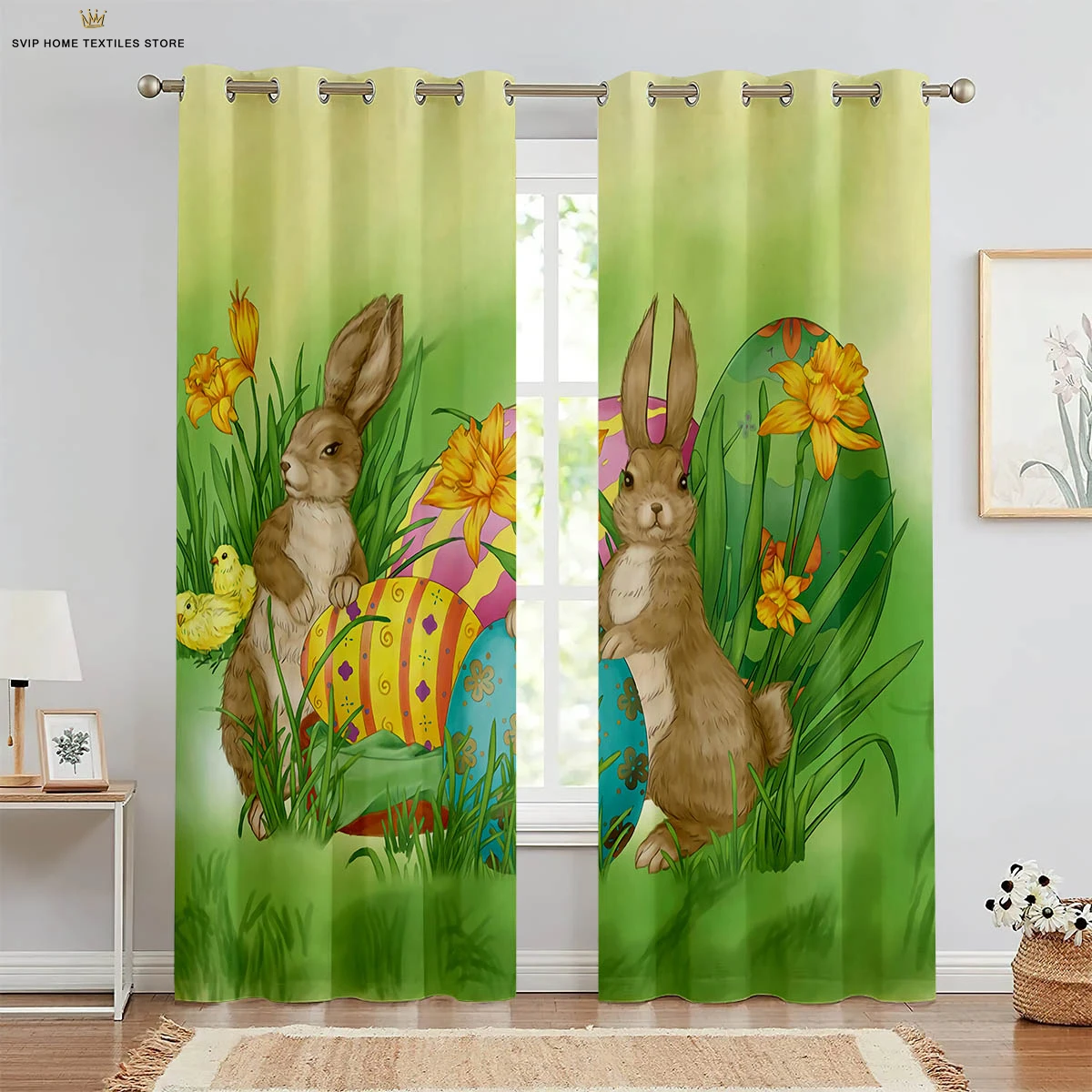 2pcs Cute Rabbit Easter Egg Printed Curtains Bedroom Living Room Children's Room Decorative Curtains Kids Gifts