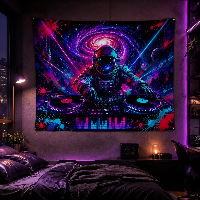 VIKAMA Neon DJ Astronaut Tapestry, Galaxy Turntable Psychedelic Electronic Music Sci-Fi Wall Hanging, Esports Bedroom Home Decor