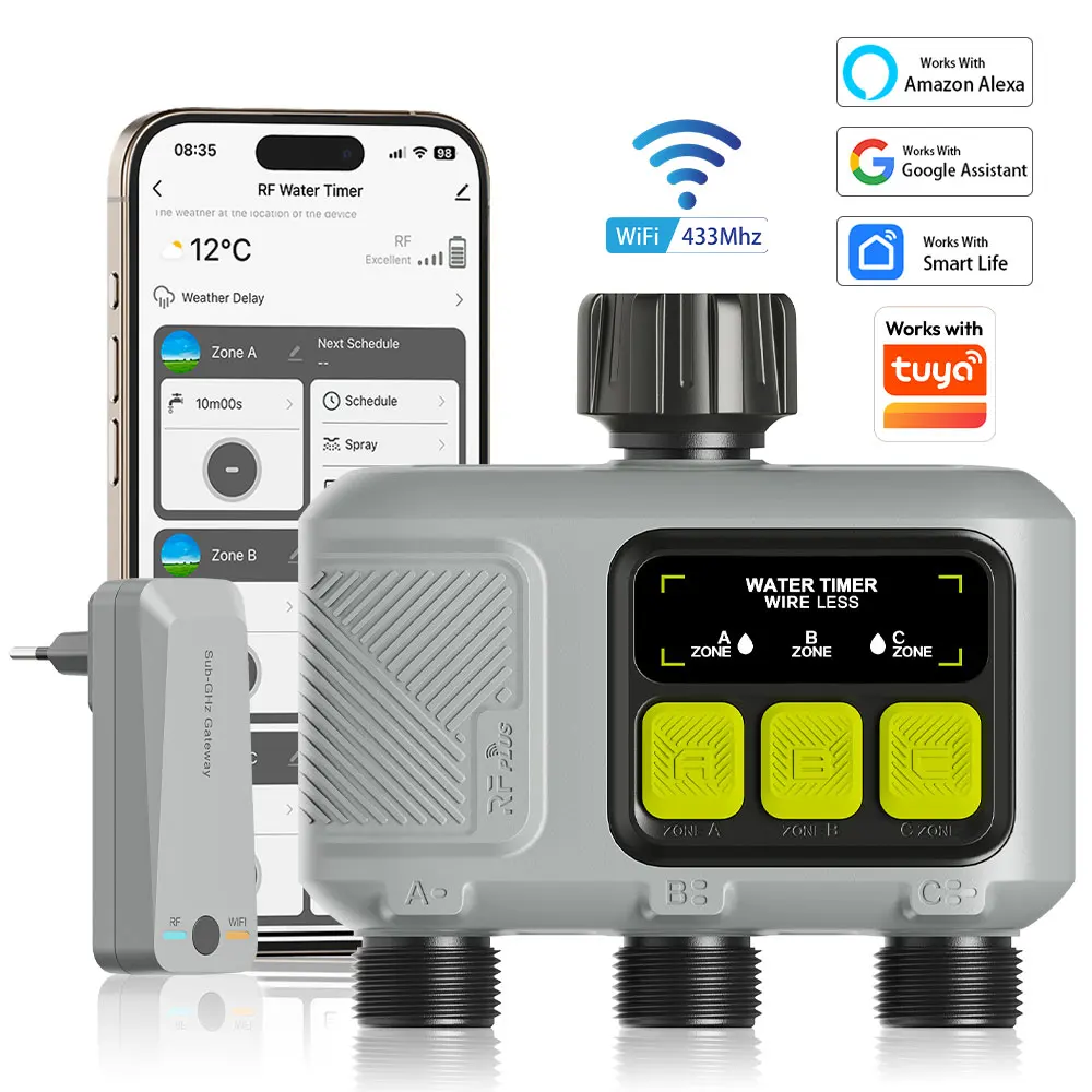 

2026 Tuya RF433 WIFI smart Garden Sprinkler Water Timer 3Zone Rain Delay Filter Programmable Automatic Irrigation Controller