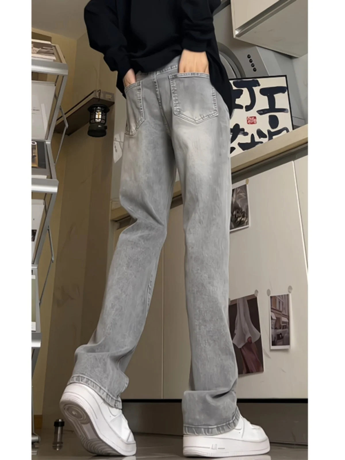 

Дымчато-серые повседневные джинсы для мужчин, весенне-осенние, свободного кроя, зауженные, стильные, модные, в уличном стиле, свободного фасона