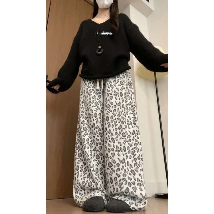 Retro Lazy Leopard Print Wide Leg Pants Women's Autumn Winter New Knitted Soft Comfortable Fce High Waist Loose Fit Casual...