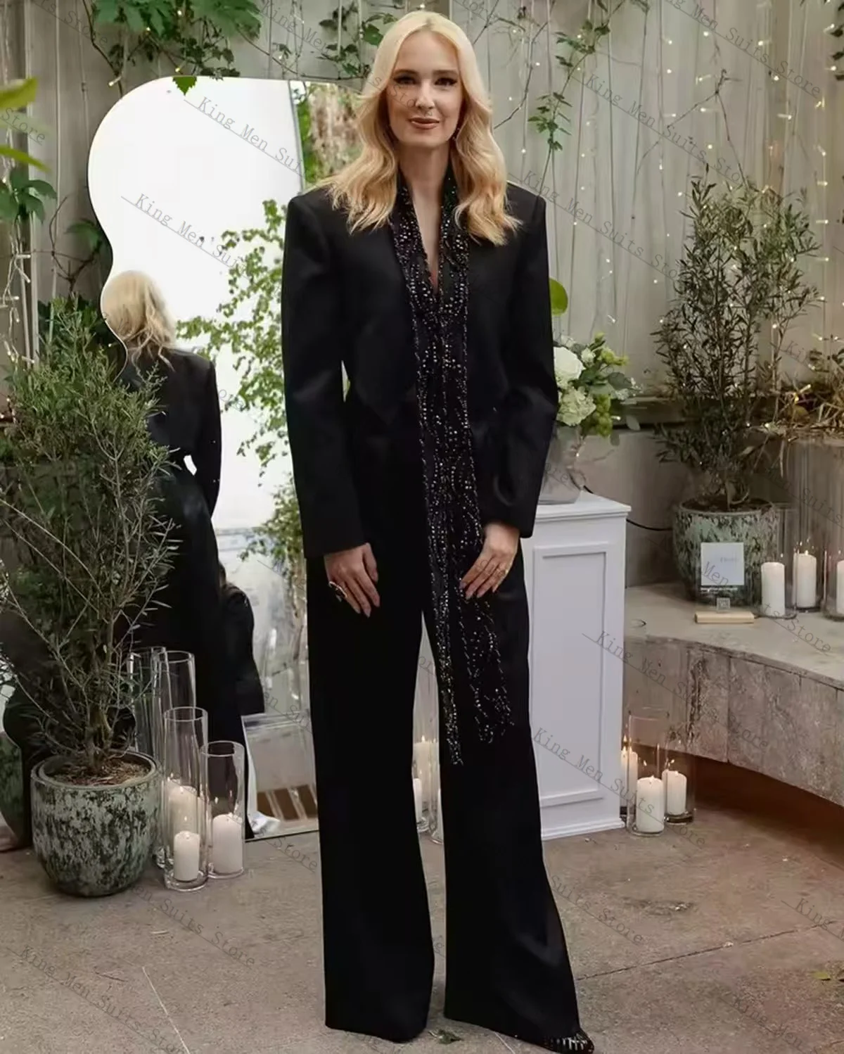 

Beaded Black Women Suit Set 2 Pcs Blazer+Pants Trousers Long Lapel Customized Formal Guest Wedding Tuxedos Party Coat Jacket