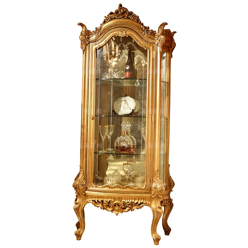 

European single-door wine cabinet Solid wood old wine cabinet Golden high-footed collection display cabinet Villa living room wa