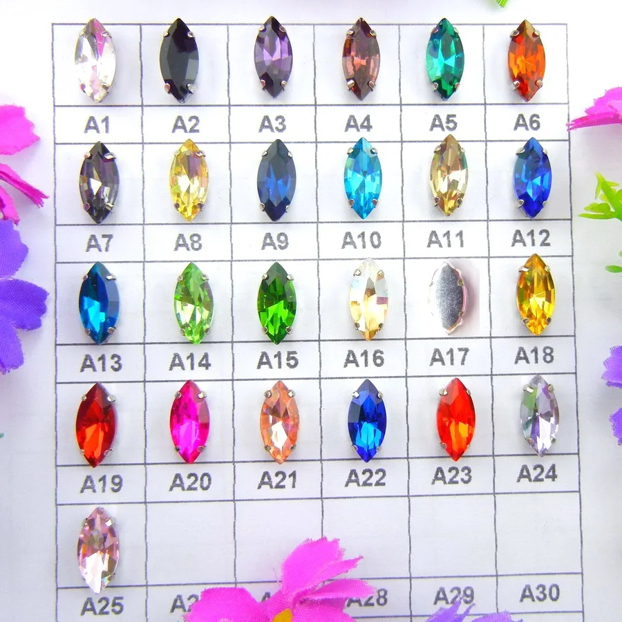 Glaskristall-Silberfassungen in 8 Größen, schöne Farben, Pferdeaugen-, Navette- und Marquise-Form, aufnähbare Strassperlen-Applikationen für DIY-Projekte – Detail 1