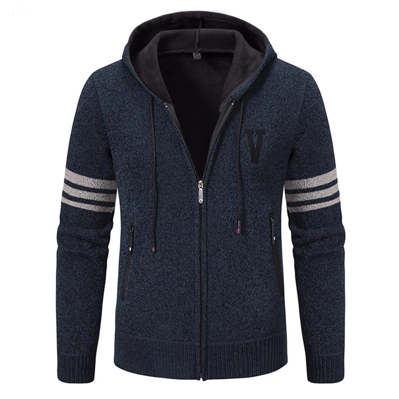 

Men'S Hooded Fleece Knitted Tops Men'S Versatile Striped Jacket Autumn And Winter Wear Daily Street Commuting Fashion