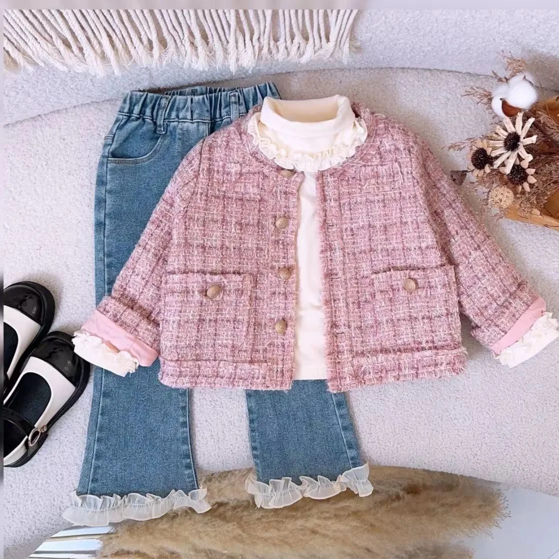 

Girls Suits Autumn Set 2024 New Style Small Fragrance Style Coat Denim Flared Pants Spring and Autumn Three-piece Set Clothes