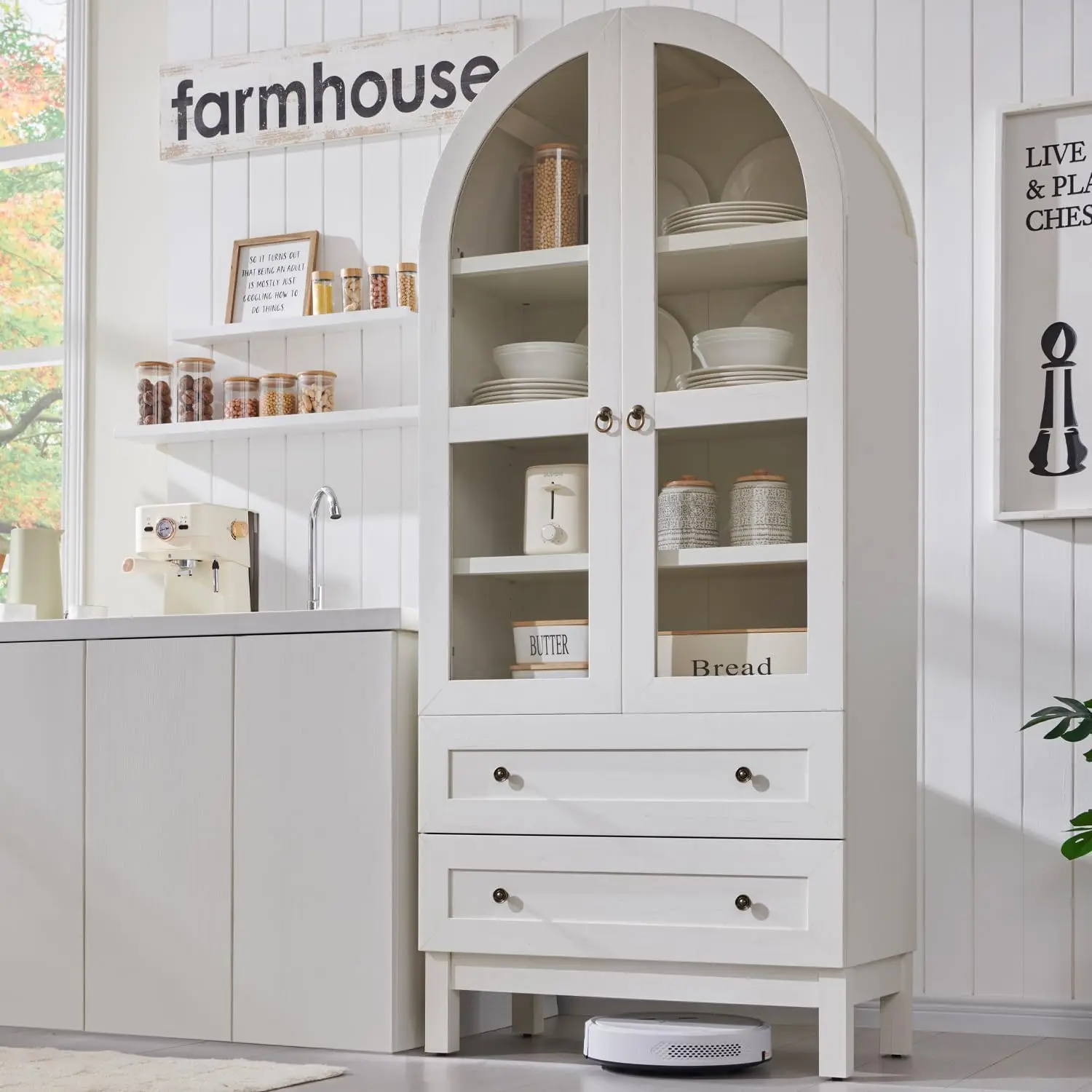 

Modern Farmhouse Wood Kitchen Storage Cabinets with 2 Large Drawers and Adjustable Shelves, Versatile Cupboard for Kitchen