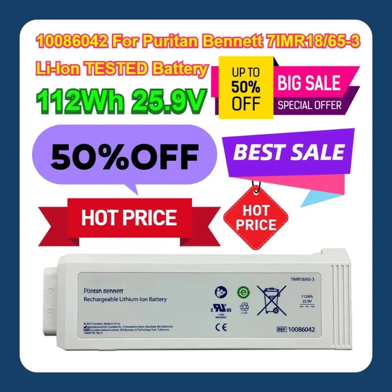 

Литий-ионный аккумулятор емкостью 112 Втч, 25,9 В 10086042 для Puritan Bennett 7IMR18/65-3, протестированный литий-ионный аккумулятор