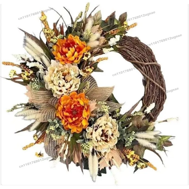 Autumn Retro Red-brown Peony Dried Flower Door Decoration Wall Hanging Wreath Decorative Wreath