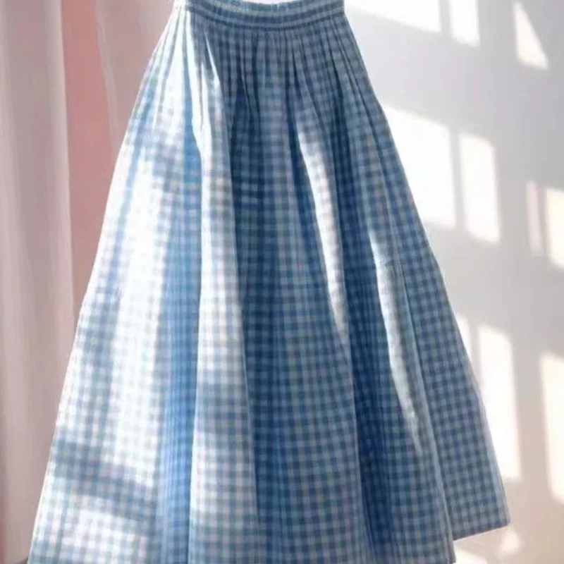 Blue Plaid Umbrella Skirt Beautiful Unique A-line Skirt for Women New Niche Non-similar Dress Spring and Summer