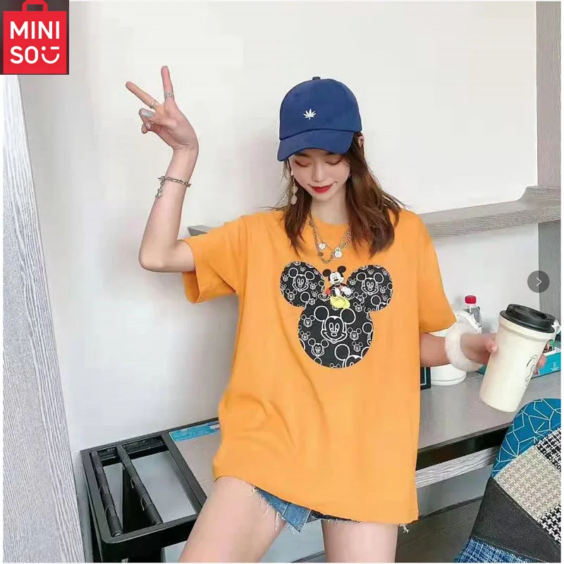 تي شيرت نسائي MINISO Minnie Mouse Silk بسيط وأنيق، قميص أساسي كاجوال، قميص برقبة دائرية، مخطط ألوان كوري #3