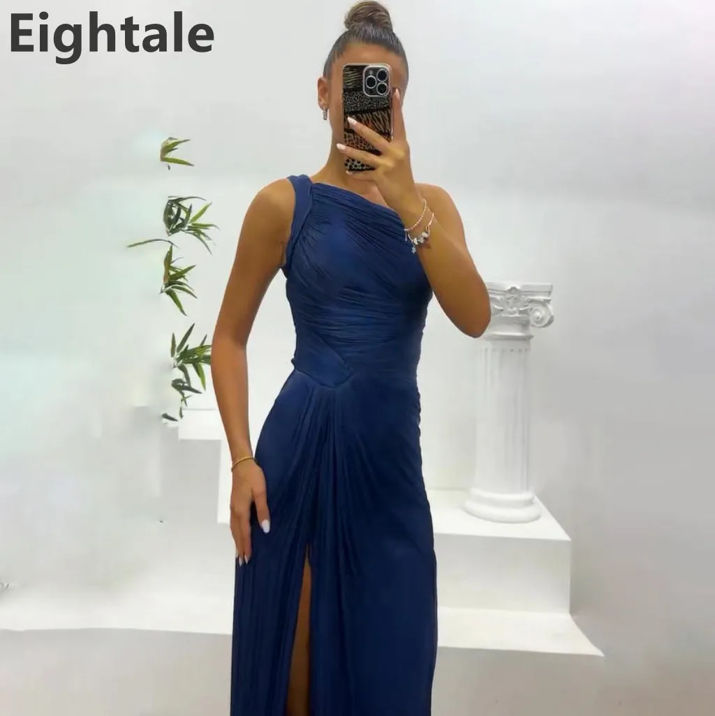 

Eightale 2025 Navy Blue Mermaid Maxi Evening Dress For Wedding Party One Shoulder Formal Prom Dress Dubai Party Gown