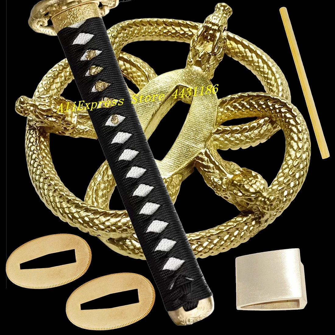 

26CM Black Ito/Real Ray Skin Sword Handle Japanese Katana Fittings Set Brass Dragon Tsuba+Menuki+Fuchi+Kashira+Habaki+Seppa
