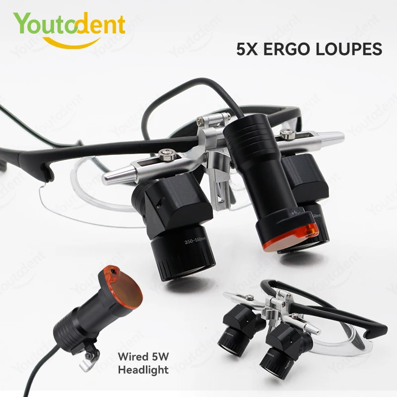 Dental 5X Adjustable Magnifying Glass 5W LED Dental 48° Surgery Loupes Medicine Binocular Magnifying Lens 300-600mm