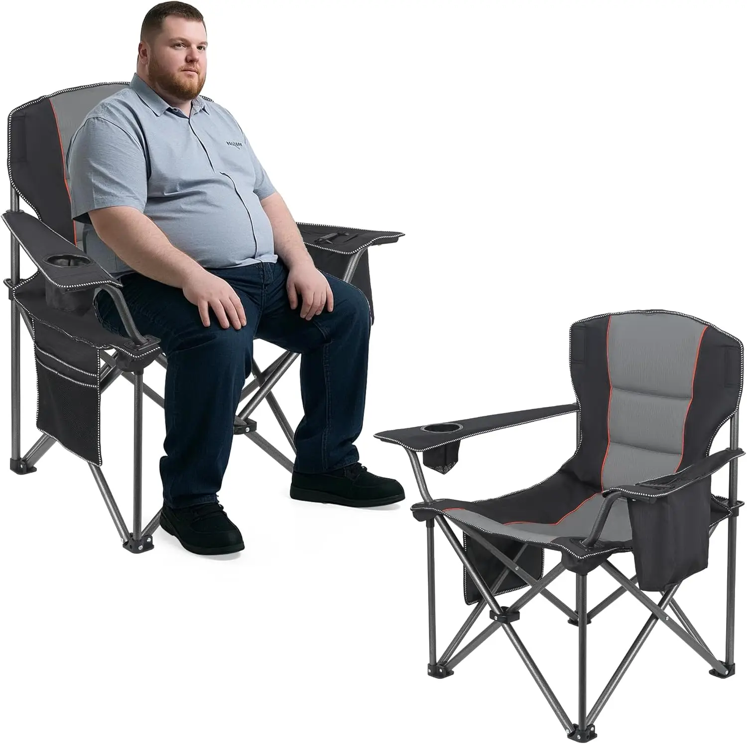 

Heavy Duty Oversized Camping Chair for Adults 400lbs with Lumbar Support, Side Pocket, Cup Holder & Cooler Bag - Black