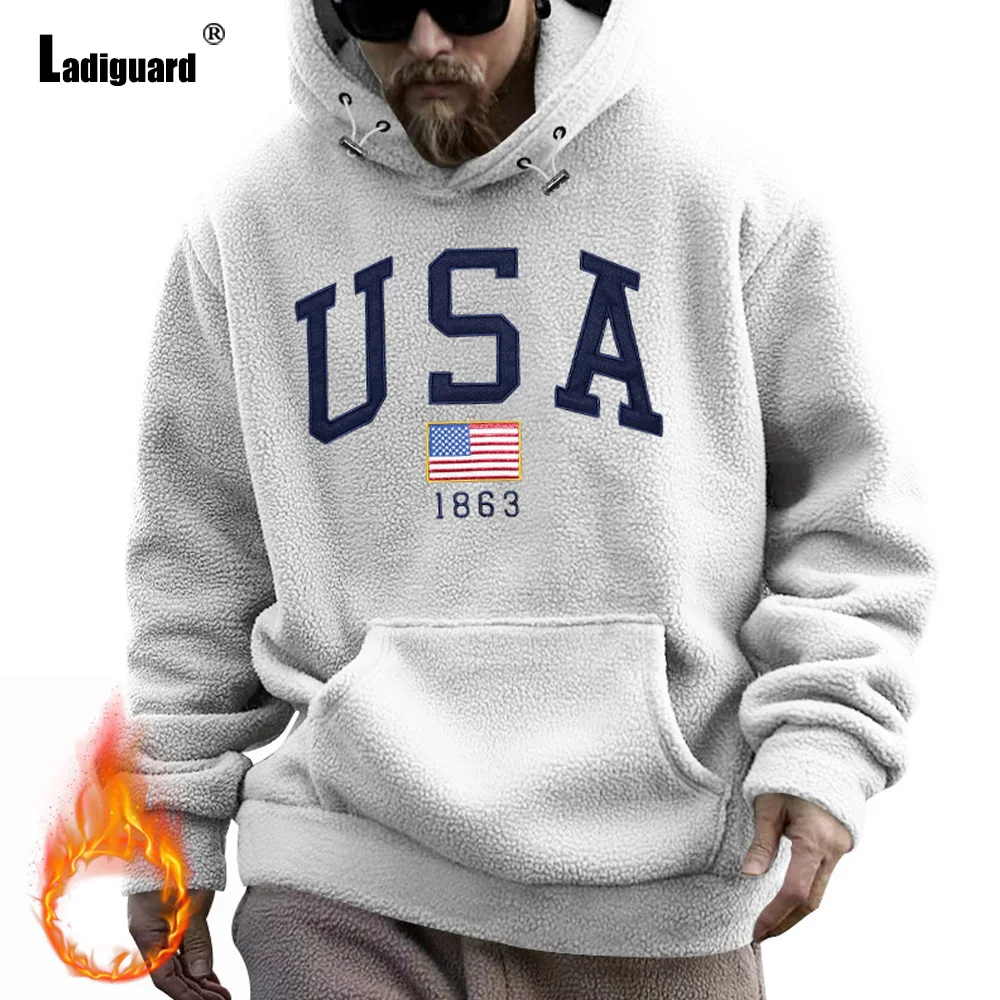 Men's Stand Pocket Casual Plush Sweatshirts Winter Fleece Hoodies 2024 America Style Fashion Sweatshirt Mens Basic Pullovers New