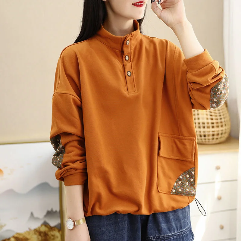 

Women's Sweatshirt 2025 Spring and Autumn New Retro Patch Turtleneck Pullover Long Sleeve Versatile Loose Top Jacket