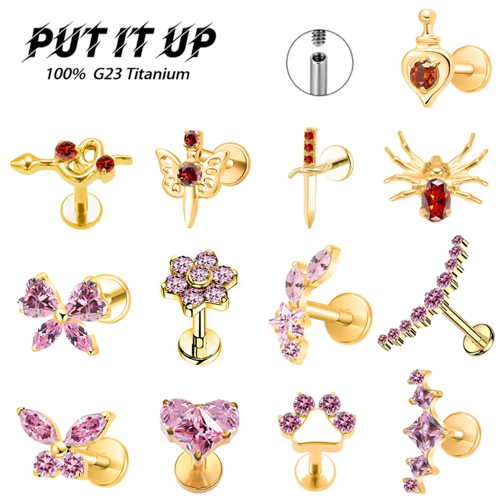 PUTITUP Official F136 High-Quality Titanium Alloy Zirconia Stud Earring Set Fashion Ear Cartilage Lip Stud Body Piercing Jewelry